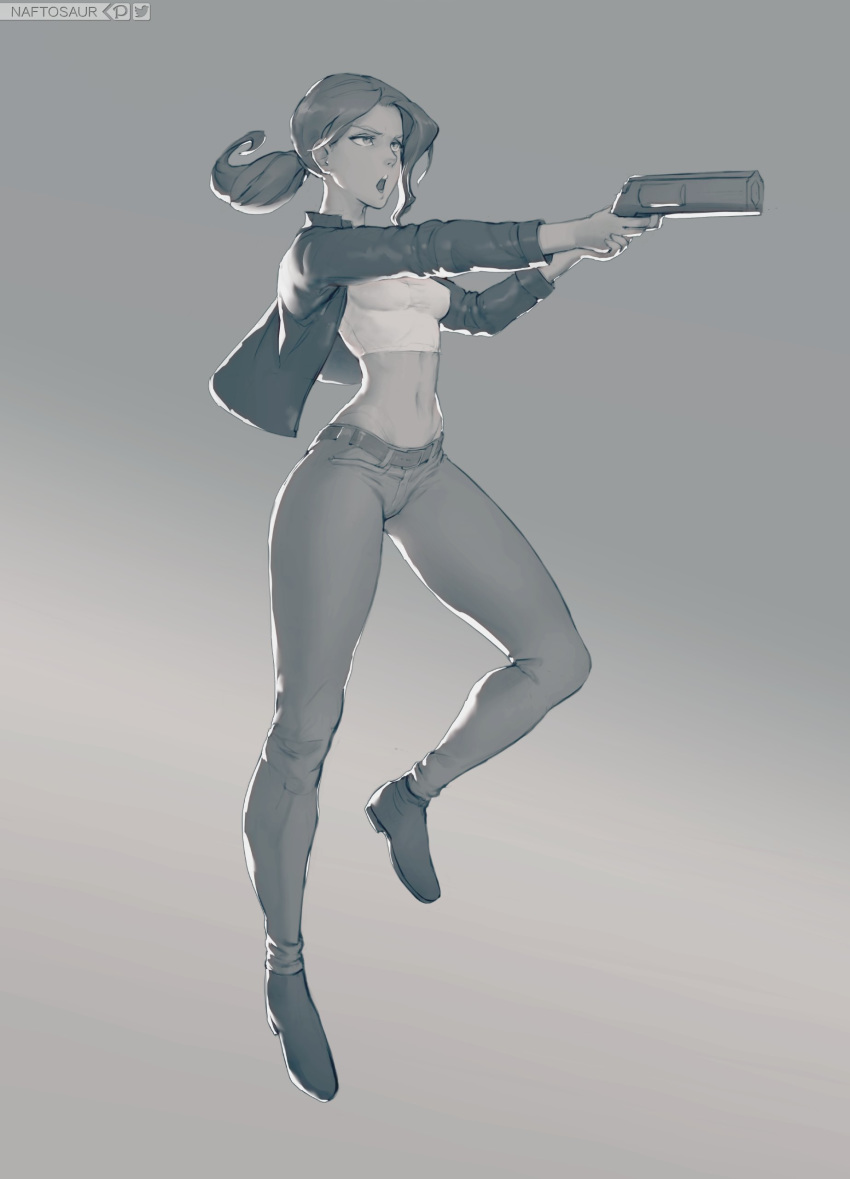 absurdres aiming ankle_boots belt boots breasts control_(game) crop_top denim female floating full_body greyscale gun handgun highres jacket jeans jesse_faden leather leather_jacket low_ponytail midriff monochrome naftosaur navel open_clothes open_jacket open_mouth pants ponytail shirt small_breasts solo taut_clothes taut_shirt teeth toned upper_teeth_only weapon