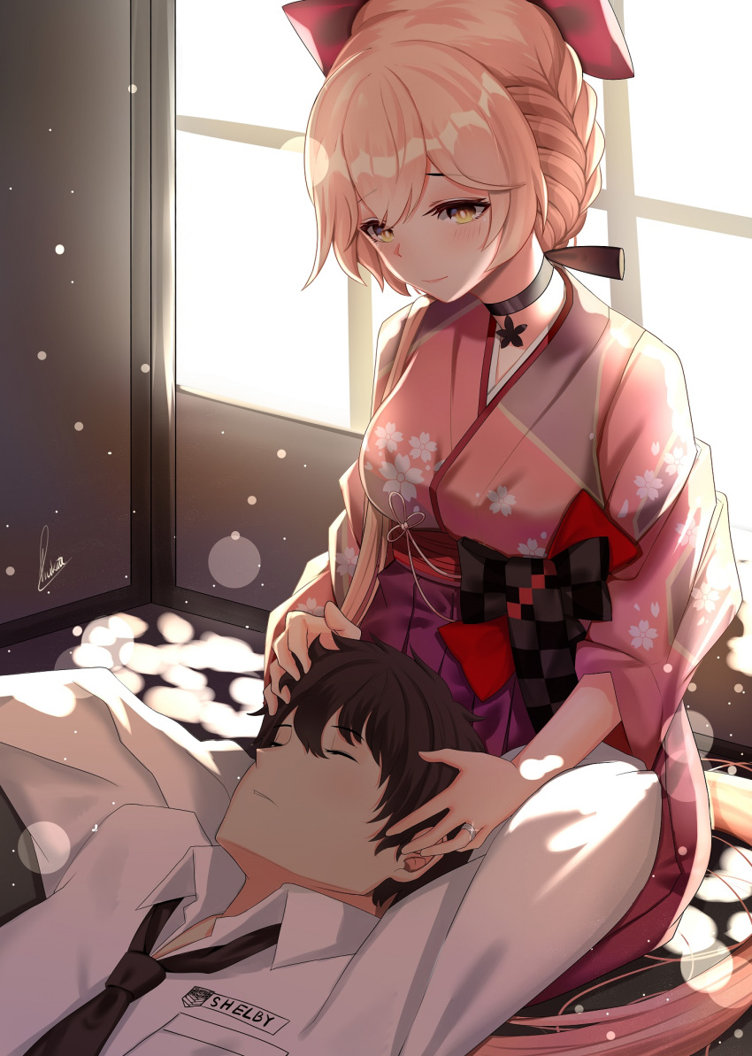 1boy blonde_hair braid brown_hair choker commander_(girls'_frontline) commission female girls'_frontline headpat highres japanese_clothes jewelry kimono korean_commentary lap_pillow long_hair meiji_schoolgirl_uniform official_alternate_costume ots-14_(flurry_of_petals)_(girls'_frontline) ots-14_(girls'_frontline) piukute062 ring short_hair sleeping sleeping_on_person very_long_hair wedding_ring yellow_eyes