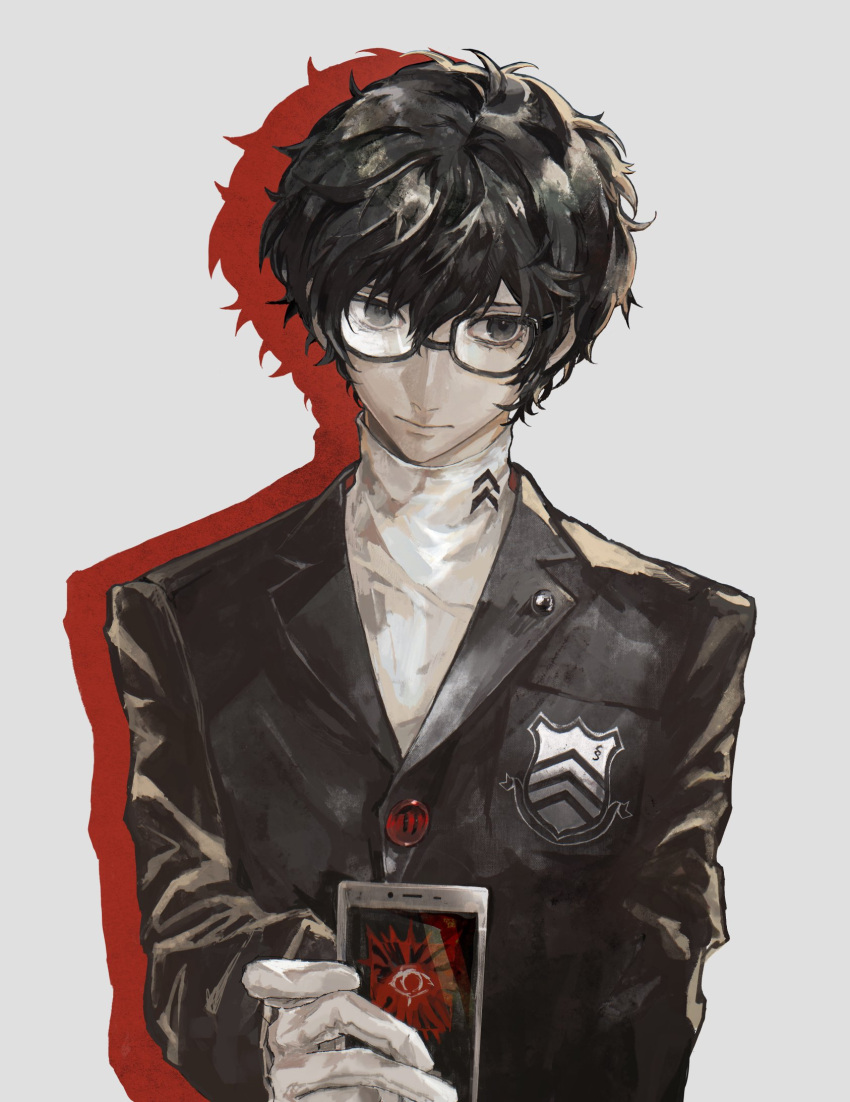 1boy amamiya_ren black-framed_eyewear black_eyes black_hair cellphone closed_mouth found_modori glasses gloves grey_background hair_between_eyes highres holding holding_phone male_focus persona persona_5 phone school_uniform shadow simple_background solo uniform upper_body white_gloves