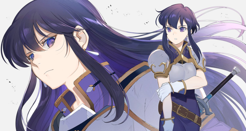 2girls armor ayra_(fire_emblem) belt black_hair breastplate closed_mouth commentary_request earrings fire_emblem fire_emblem:_genealogy_of_the_holy_war gloves jewelry kyufe larcei_(fire_emblem) long_hair mother_and_daughter multiple_girls parted_lips purple_eyes scabbard sheath sheathed simple_background sword weapon white_gloves