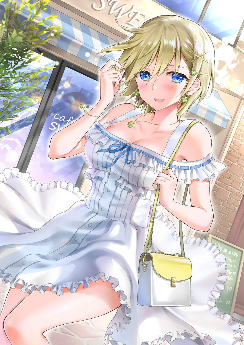 abe_hikaru absurdres bag blonde_hair breasts cleavage collar dating dress earrings female hair_ornament hairclip highres jewelry moe2020 nail_polish original short_hair thighs tomboy white_dress