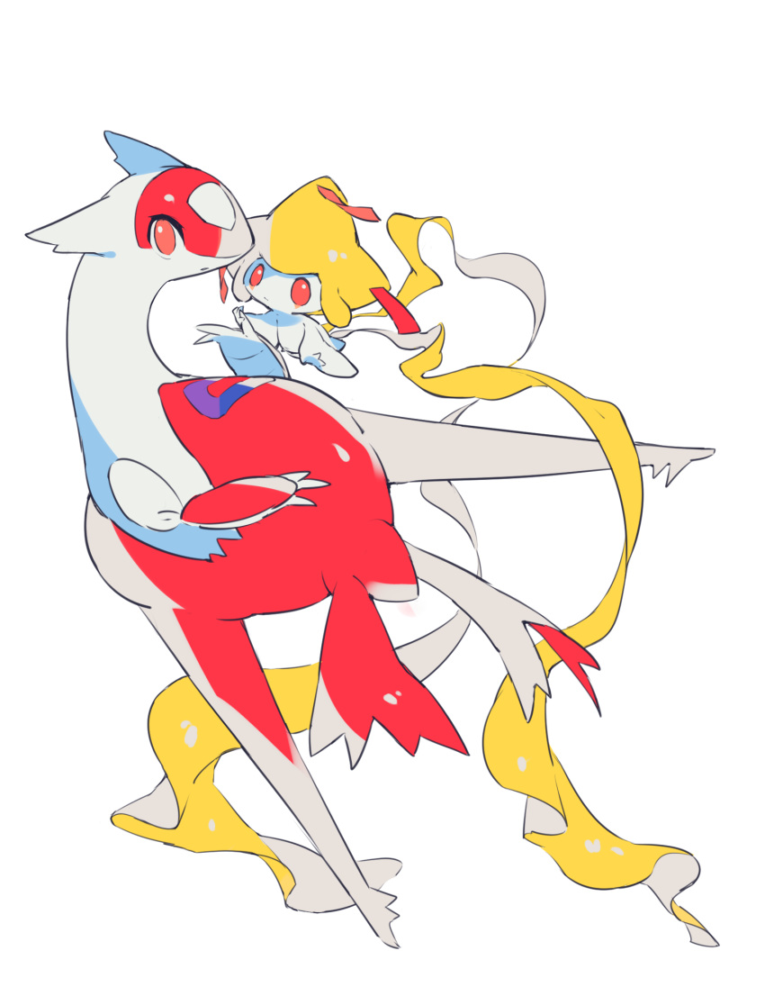 alternate_color bad_id bad_pixiv_id claws closed_mouth commentary_request hideko_(l33l3b) highres holding_hands jirachi latias looking_at_viewer no_humans no_pupils pink_eyes pokemon pokemon_(creature) shiny_pokemon white_background