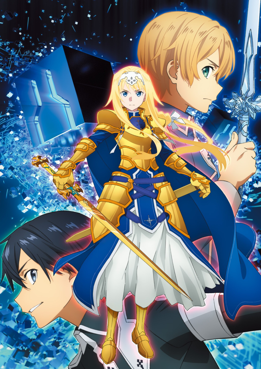 2boys alice_zuberg armor armored_boots armored_dress black_eyes black_hair black_jacket blonde_hair blue_cape blue_dress blue_eyes blue_flower blue_jacket blue_rose blue_rose_sword boots breastplate cape closed_mouth collared_jacket dress eugeo faulds female floating_hair flower frown full_body gauntlets gold_armor green_eyes grin highres hip_armor holding holding_sword holding_weapon jacket kirito knight long_dress long_hair long_sleeves long_sword looking_at_viewer multiple_boys official_art osmanthus_blade pauldrons profile rose school_uniform sheath short_hair shoulder_armor smile sword sword_art_online sword_art_online:_alicization sword_mastery_academy_school_uniform unsheathed upper_body very_long_hair weapon wing_collar yellow_footwear