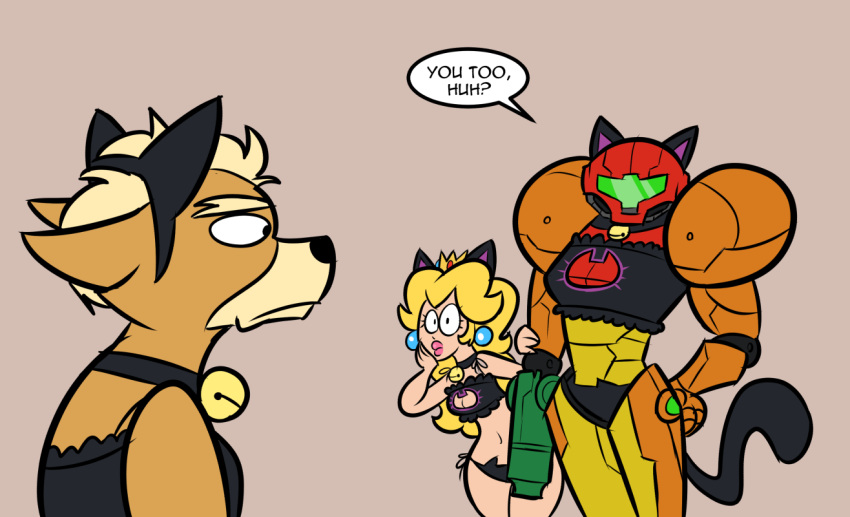 anthro armor blonde_hair canid canine clothing collar crossover dialogue english_text eye_contact fox fox_mccloud fur group hair headgear helmet human long_hair looking_at_another mammal mario_bros meme metroid nintendo princess_peach rusheloc samus_aran simple_background speech_bubble star_fox text trio