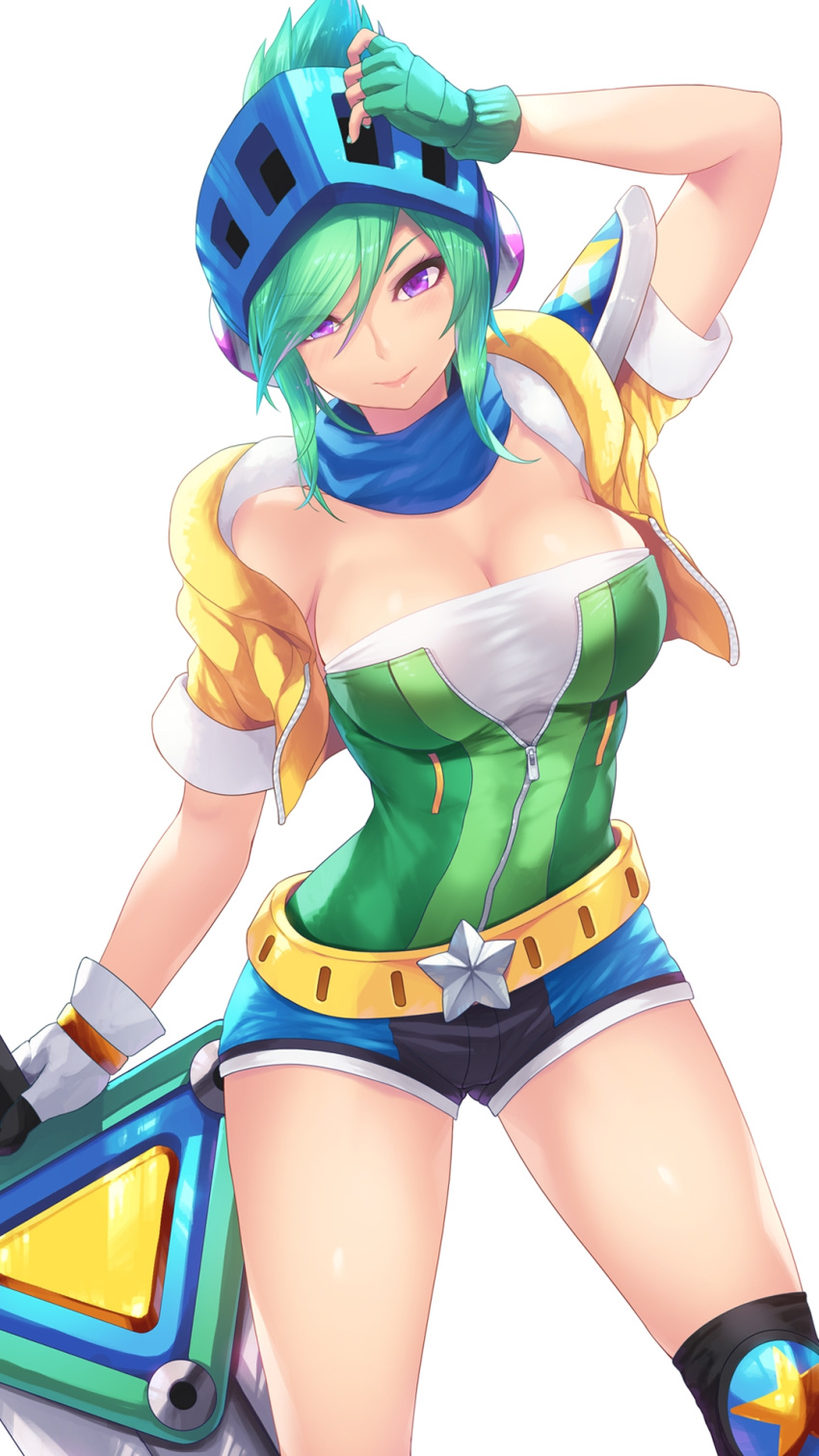 alternate_costume arcade_riven arm_up bare_shoulders belt black_shorts black_thighhighs blue_scarf blue_shorts breasts cait_aron cleavage female fingerless_gloves gloves green_hair helmet highres jacket large_breasts league_of_legends looking_at_viewer medium_breasts photoshop_(medium) purple_eyes riven_(league_of_legends) scarf short_hair short_shorts shorts simple_background single_thighhigh smile solo star_(symbol) sword thighhighs weapon white_background white_gloves yellow_belt yellow_jacket