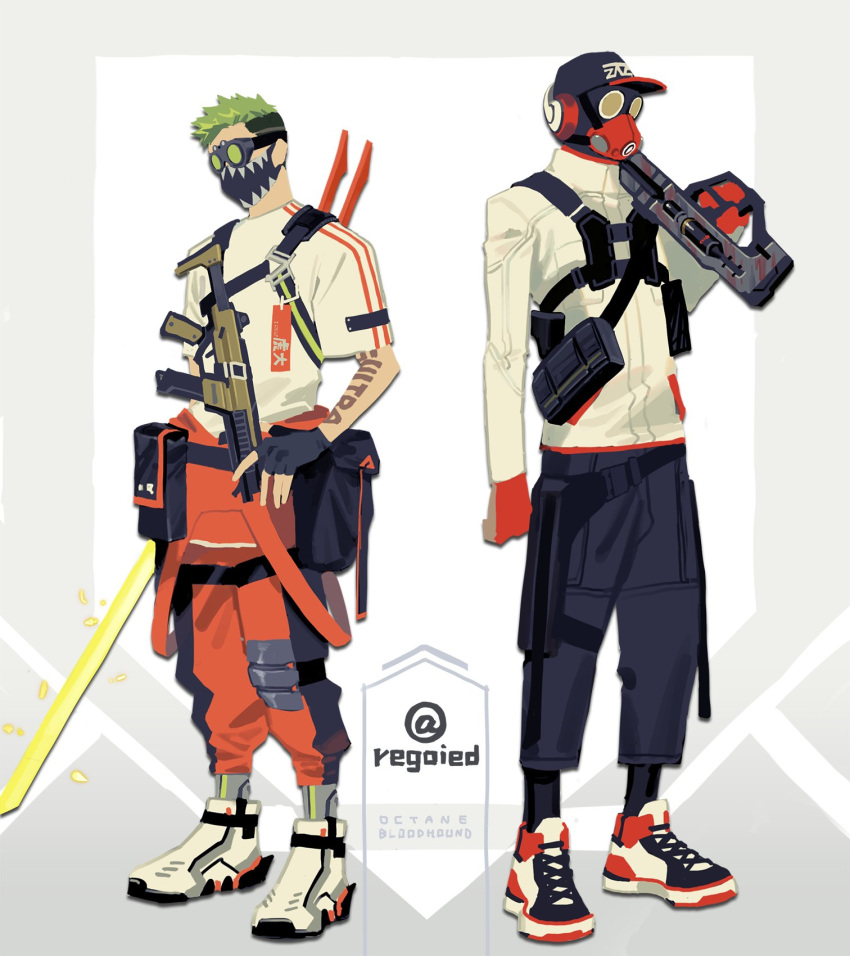 1boy 1other alternate_costume ambiguous_gender apex_legends artist_name assault_rifle black_headwear black_pants bloodhound_(apex_legends) character_name clenched_hands energy_gun fingerless_gloves gas_mask gloves gun havoc_energy_rifle highres holding holding_gun holding_sword holding_weapon jacket jiro_(regoied) male_focus mask mouth_mask octane_(apex_legends) orange_gloves orange_overalls over_shoulder overalls overalls_rolled_up pants r-99_smg rifle shoes sneakers submachine_gun sword weapon weapon_over_shoulder white_jacket