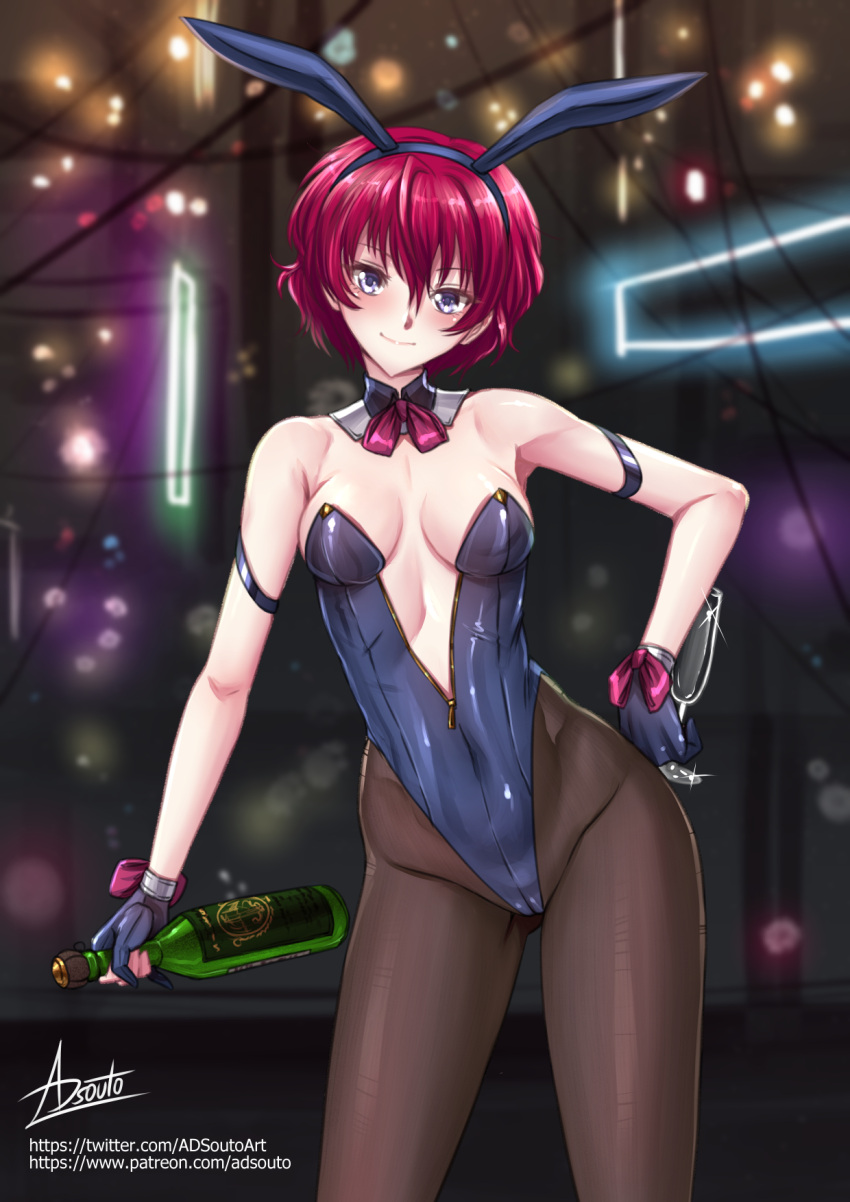 adsouto akatsuki_no_yona arm_strap bottle breasts champagne_bottle contrapposto cup detached_collar drinking_glass female fingerless_gloves gloves hand_on_own_hip highleg highleg_leotard highres holding holding_bottle leotard looking_at_viewer medium_breasts neon_lights pantyhose partially_fingerless_gloves purple_eyes red_hair shiny_skin short_hair signature smile solo wine_glass yona_(akatsuki_no_yona)