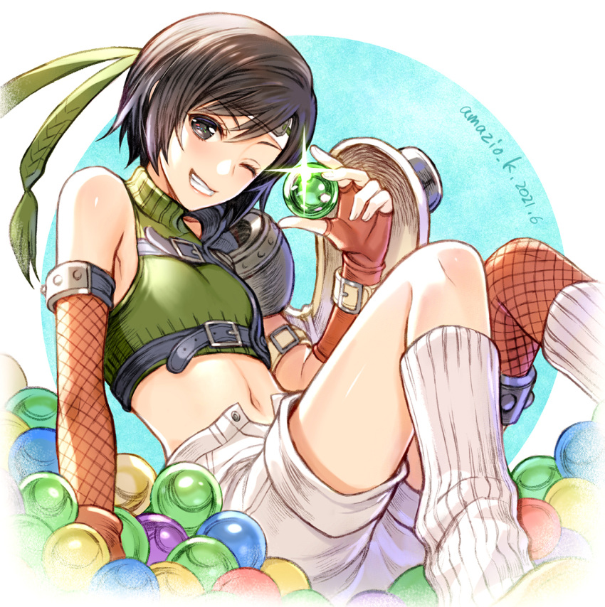 ;) amazio_komeko brown_eyes brown_hair commentary_request crop_top cropped_sweater dated elbow_gloves feet_out_of_frame female final_fantasy final_fantasy_vii final_fantasy_vii_remake fingerless_gloves fishnet_thighhighs fishnets glint gloves green_sweater grin headband highres holding looking_at_viewer loose_socks materia midriff navel one_eye_closed open_fly short_hair shorts single_thighhigh sitting sleeveless sleeveless_turtleneck smile socks solo sweater thighhighs turtleneck turtleneck_sweater twitter_username white_shorts white_thighhighs yuffie_kisaragi