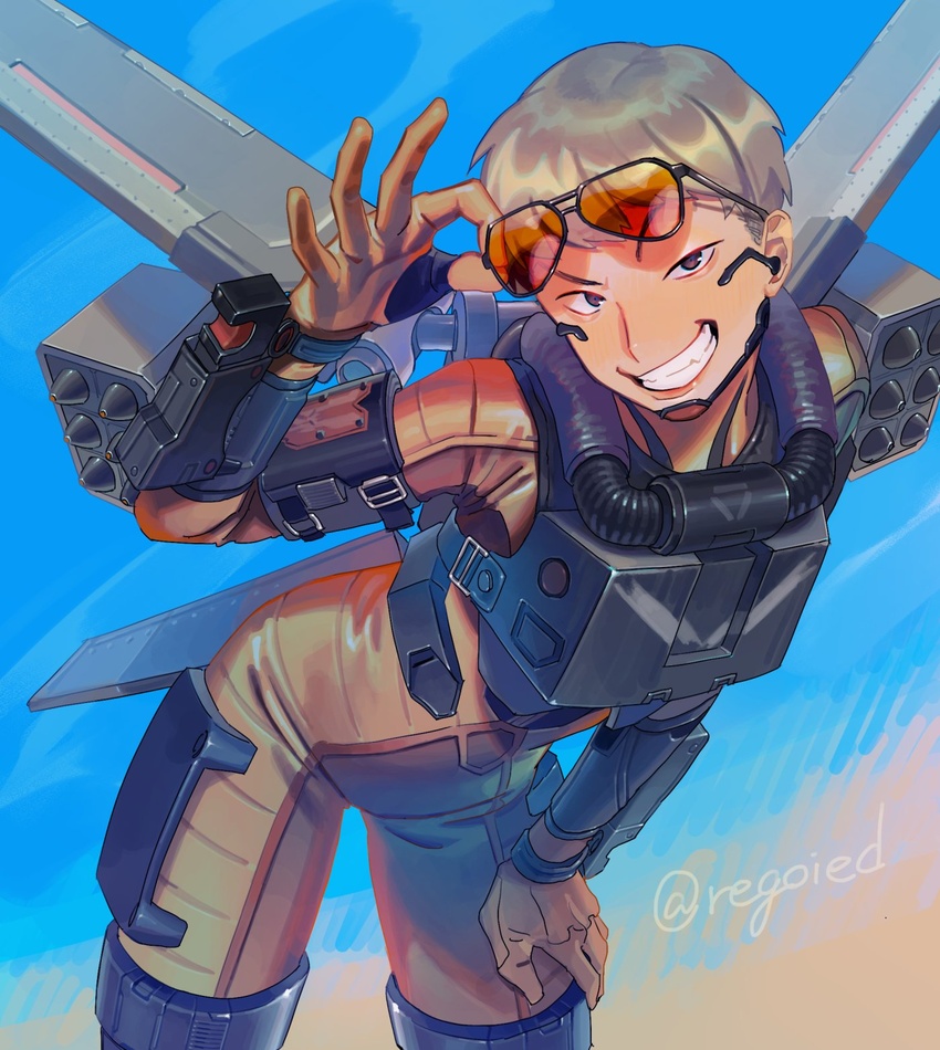 animification apex_legends brown_eyes eyewear_on_head female gloves grey_hair hair_behind_ear hand_on_own_hip hand_on_own_thigh head_tilt highres jetpack jiro_(regoied) leaning_forward looking_at_viewer missile_pod orange_gloves short_hair smile solo sunglasses twitter_username valkyrie_(apex_legends)