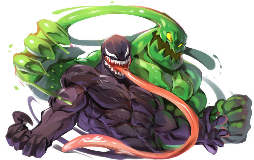 abs action_pose alien anthro biceps black_body claws duo goo_creature green_body hi_res humanoid league_of_legends male marvel muscular muscular_anthro muscular_male pecs pose rabbity riot_games tencent tongue tongue_out venom_(marvel) white_eyes yellow_eyes zac_(lol)