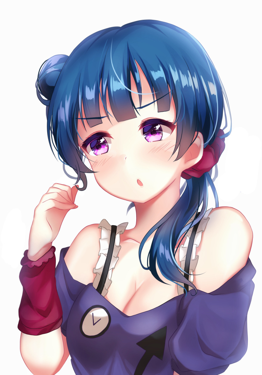 bad_id bad_pixiv_id blue_hair blush breasts cleavage collarbone depe female hair_bun hair_ornament hair_over_shoulder hair_scrunchie highres long_hair love_live! love_live!_sunshine!! medium_breasts off-shoulder_shirt off_shoulder open_mouth print_shirt purple_eyes purple_shirt red_scrunchie scrunchie shirt simple_background single_hair_bun solo tsushima_yoshiko upper_body white_background