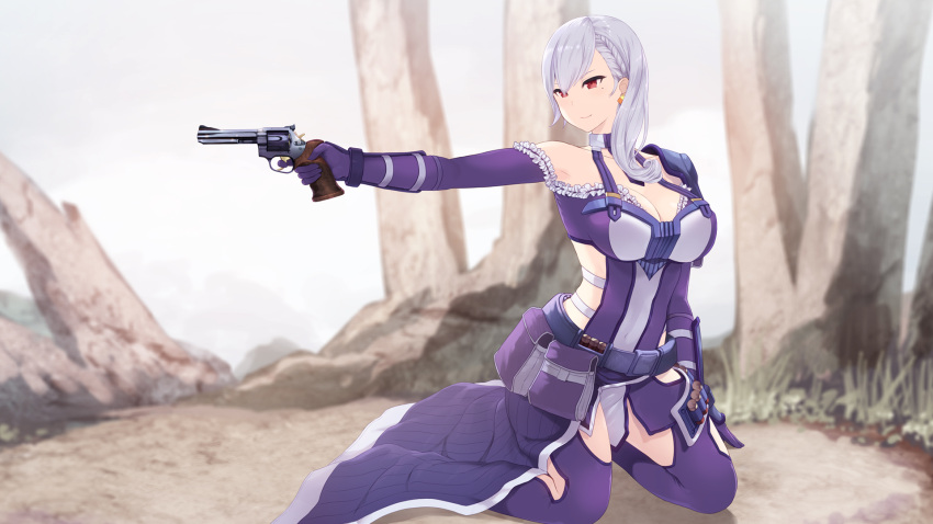 aiming albino belt blurry blurry_background breasts cait_aron cleavage closed_mouth covered_navel depth_of_field elbow_gloves female gloves grey_hair gun highres holding holding_gun holding_weapon kneeling large_breasts mole mole_under_eye pouch purple_gloves purple_thighhighs red_eyes revolver smile solo sword_art_online sword_art_online:_fatal_bullet thighhighs waist_cape weapon zeliska