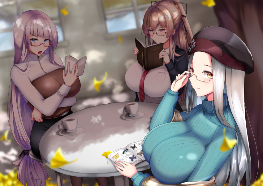 3girls alternate_costume aqua_sweater azur_lane belt black-framed_eyewear black_ribbon black_skirt blue_cardigan blue_eyes book breast_pocket breasts candy cardigan coffee_table cup falling_leaves food glasses gneisenau_(azur_lane) grey_hair hair_between_eyes hair_ribbon hat highres huge_breasts impossible_clothes impossible_shirt impossible_sweater leaf light_blush light_brown_hair lollipop long_hair looking_at_viewer low-tied_long_hair mole mole_under_mouth multiple_girls necktie off_shoulder official_alternate_costume ootori_subaru open_book orange_eyes outdoors pantyhose pink_hair pocket ponytail reading red-framed_eyewear red_belt red_necktie ribbed_sweater ribbon see-through semi-rimless_eyewear shadow shangri-la_(azur_lane) shangri-la_(utopia's_collector)_(azur_lane) shirt skirt snowflake_pin striped striped_necktie sweater swiftsure_(azur_lane) swiftsure_(study_hall_cyclamen)_(azur_lane) table tree turtleneck turtleneck_sweater under-rim_eyewear very_long_hair white_shirt yellow_eyes