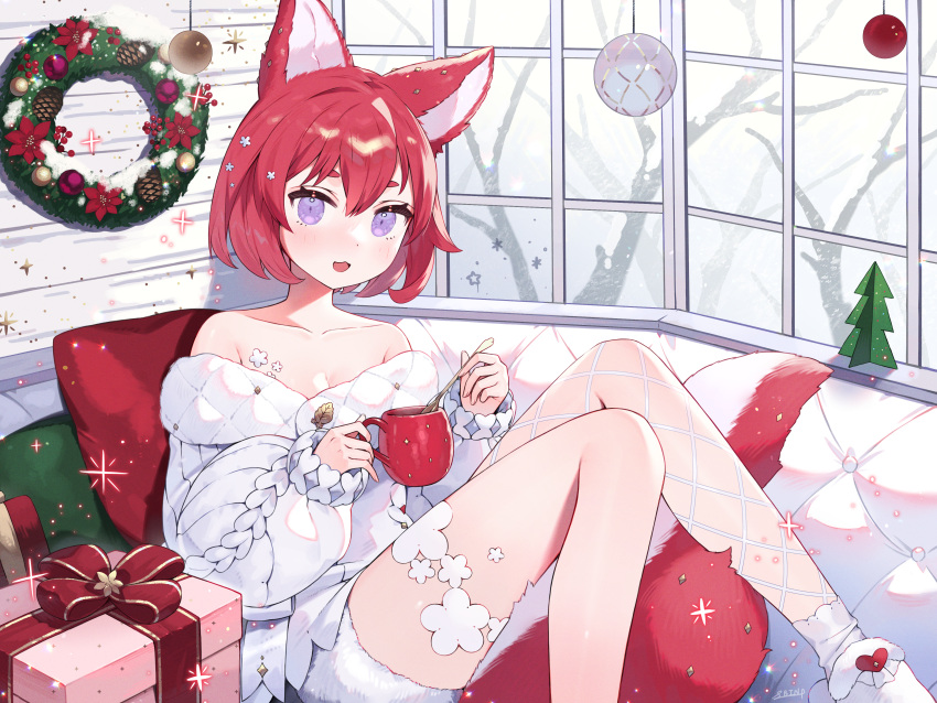 absurdres animal_ear_fluff animal_ears bare_shoulders bare_tree black_shorts box breasts cat_ears christmas christmas_wreath cleavage collarbone commentary_request couch cup eyebrows_hidden_by_hair feet_out_of_frame female fishnet_thighhighs fishnets fur-trimmed_shorts fur_trim gift gift_box hair_between_eyes highres holding holding_cup holding_spoon indoors jacket knees_together_feet_apart knees_up long_sleeves mug off-shoulder_jacket off_shoulder on_couch original pillow puffy_long_sleeves puffy_sleeves purple_eyes red_hair shibainu short_eyebrows short_hair short_shorts shorts single_thighhigh sitting sleeves_past_wrists small_breasts socks solo spoon tail thick_eyebrows thighhighs tree white_jacket white_socks window wreath