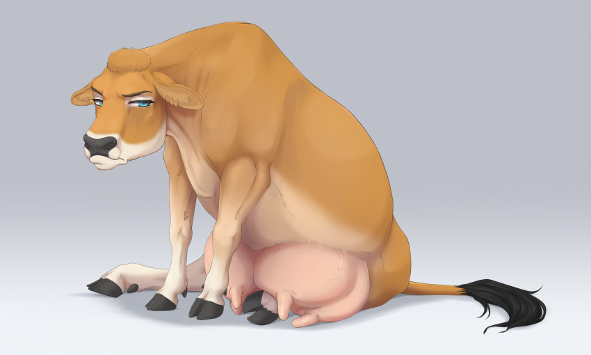 after_transformation black_nose blue_eyes bovid bovine cattle cloven_hooves dewclaw_hooves female feral frown fur hi_res hooves kamilazu mammal simple_background sitting solo tail tail_tuft tan_body tan_fur teats tuft udders