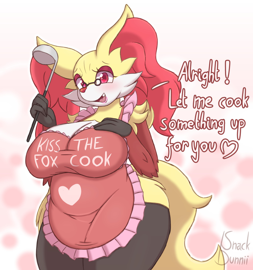 absurd_res aila_(flofuffy) anthro apron apron_only big_breasts blush breasts canid clothed clothing curvy_figure delphox dialogue english_text eyewear fan_character fangs female fur generation_6_pokemon glasses hi_res holding_object inner_ear_fluff looking_at_viewer mammal mature_anthro mature_female mostly_nude multicolored_body multicolored_fur nintendo open_mouth pokemon pokemon_(species) red_eyes slightly_chubby slightly_chubby_anthro slightly_chubby_female snackbunnii solo talking_to_viewer teeth text text_on_apron text_on_clothing tuft voluptuous