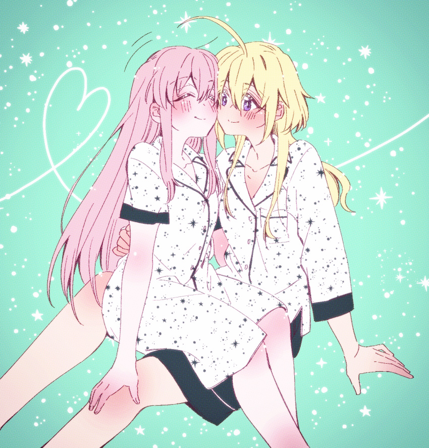 2girls ^_^ ahoge amano_soraha arm_at_side arm_support assault_lily black_shorts blonde_hair blush breast_pocket bright_pupils buttons cheek-to-cheek closed_eyes closed_mouth collarbone collared_shirt egawa_kusumi feet_out_of_frame gradient_background green_background hair_between_eyes hand_on_another's_back hand_on_another's_knee heads_together heart heart_of_string highres light_particles long_hair long_sleeves looking_at_another low_ponytail motion_lines multiple_girls pajamas pink_hair pocket ponytail print_pajamas purple_eyes shirt shorts sidelocks sitting sitting_on_lap sitting_on_person smile sorato_(astllatte) sparkle sparkle_print very_long_hair white_pajamas white_pupils white_shirt yuri