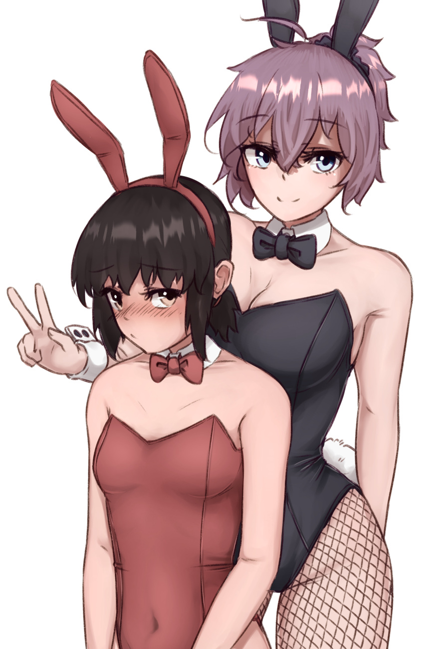 2girls absurdres alternate_costume animal_ears aoba_(kancolle) black_bow black_bowtie black_hairband black_leotard blue_eyes bow bowtie covered_navel cowboy_shot detached_collar embarrassed fake_animal_ears fishnet_pantyhose fishnets fubuki_(kancolle) hairband highres ikadamo kantai_collection leotard messy_hair multiple_girls pantyhose playboy_bunny ponytail purple_hair rabbit_ears scrunchie sidelocks simple_background strapless strapless_leotard upper_body v white_background wrist_cuffs