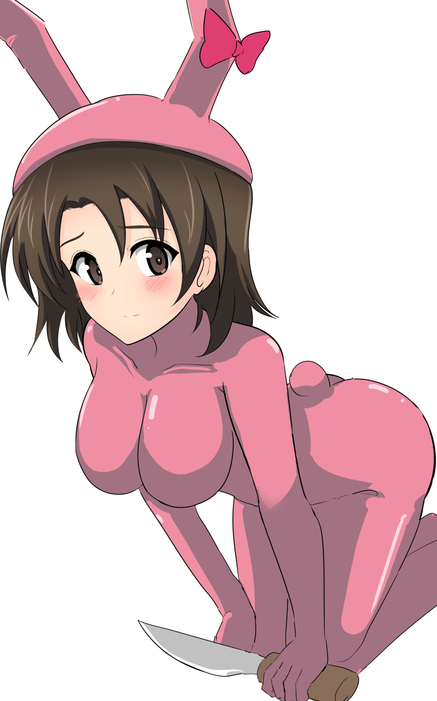 absurdres aikir_(jml5160) anglerfish_costume blush bow breasts brown_eyes brown_hair embarrassed female girls_und_panzer highres kneeling knife large_breasts light_smile looking_at_viewer pink_bow sawa_azusa short_hair skin_tight solo white_background