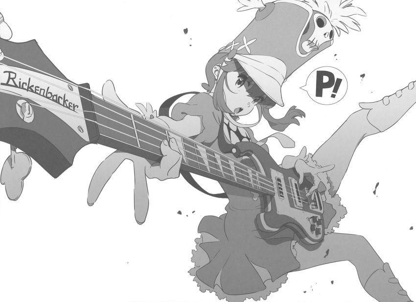 bass_guitar boots breasts commentary dress female flcl floating foreshortening greyscale hair_between_eyes hat highres holding holding_instrument instrument jakuzure_nonon kill_la_kill knee_boots left-handed looking_at_viewer medium_hair monochrome nishigori_atsushi open_mouth rickenbacker rickenbacker_4001 shako_cap shintani_mayumi short_dress short_sleeves simple_background small_breasts solo speech_bubble third-party_source voice_actor_connection white_background