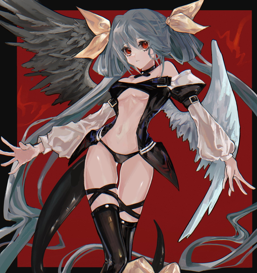 angel_wings asymmetrical_wings bare_shoulders belt black_legwear black_panties blue_hair breasts choker dizzy_(guilty_gear) feathered_wings female found_modori guilty_gear guilty_gear_x guilty_gear_xx hair_between_eyes hair_ribbon highres long_hair long_sleeves medium_breasts midriff navel panties puffy_long_sleeves puffy_sleeves red_background red_eyes ribbon solo stomach tail tail_ornament tail_ribbon thigh_gap thigh_strap twintails underwear wings yellow_ribbon