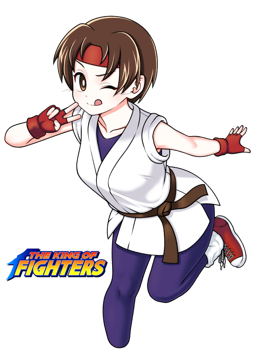 ass breasts brown_eyes brown_hair commentary_request copyright_name dougi eron female fingerless_gloves gloves headband highres looking_at_viewer one_eye_closed ryuuko_no_ken shoes short_hair simple_background smile sneakers socks solo spandex the_king_of_fighters tongue tongue_out white_background yuri_sakazaki