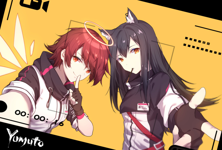 2girls absurdres angel angel_wings animal_ears arknights artist_name black_hair chinese_commentary commentary_request exusiai_(arknights) fingerless_gloves food gloves halo highres long_hair multiple_girls orange_eyes pocky red_eyes selfie short_hair texas_(arknights) wings yellow_background yumuto_(spring1786)