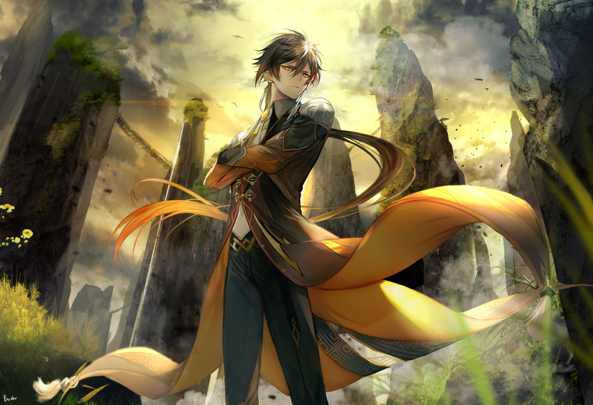 1boy bird black_hair black_jacket border0715 cloud commentary_request crossed_arms feet_out_of_frame formal frown genshin_impact gradient_hair grass highres jacket long_hair long_jacket looking_at_viewer male_focus monument multicolored_hair open_clothes open_jacket orange_eyes orange_hair orange_sky outdoors ponytail shirt sky solo suit two-tone_hair very_long_hair white_shirt zhongli_(genshin_impact)