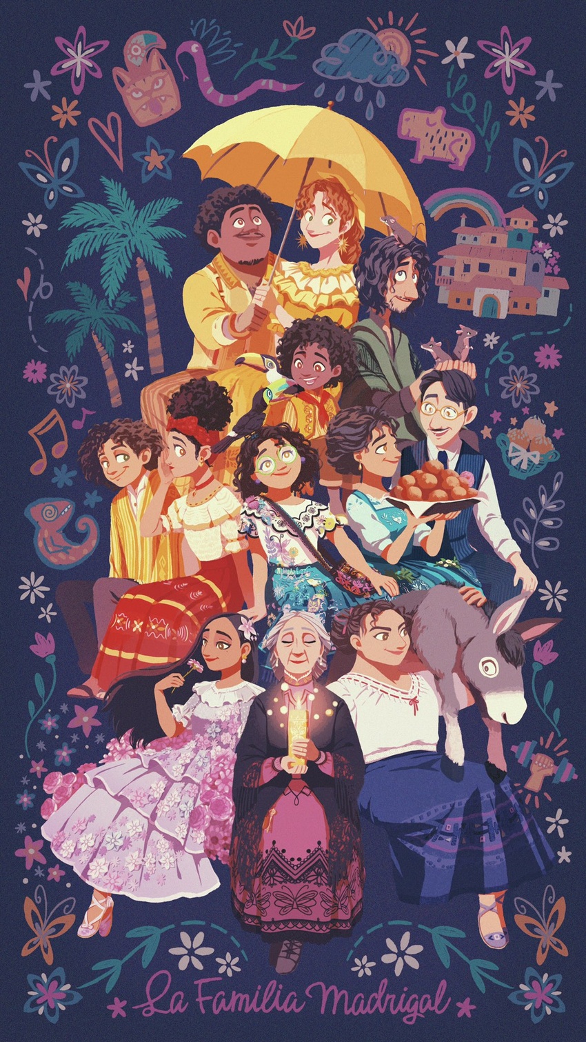 5boys 6+girls agustin_madrigal alma_madrigal animal_on_head antonio_madrigal arepa bad_id bad_twitter_id bird black_hair brother_and_sister bruno_madrigal camilo_madrigal candle carrying commentary cousins curly_hair dark-skinned_female dark-skinned_male dark_skin disney dolores_madrigal donkey dress earrings encanto family felix_madrigal flower food full_body glasses grandmother_and_granddaughter grandmother_and_grandson grey_hair hair_flower hair_ornament hairband highres husband_and_wife inactive_account isabela_madrigal jewelry julieta_madrigal kurobe_(kurobe613) long_hair luisa_madrigal mirabel_madrigal mouse_(animal) multiple_boys multiple_girls necktie on_head pepa_madrigal poncho ponytail red_hair second-party_source short_hair siblings sisters spanish_commentary spanish_text toucan translated umbrella