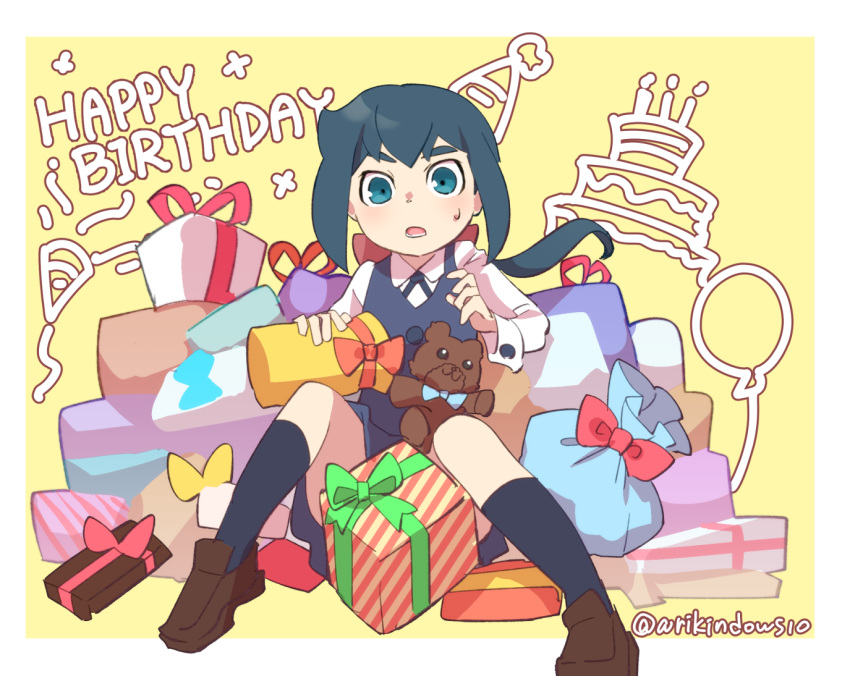 arikindows10 black_ribbon blue_eyes blue_hair blue_skirt blue_vest blush bow box brown_footwear collared_shirt constanze_amalie_von_braunschbank-albrechtsberger female gift gift_box hairbow happy_birthday legs little_witch_academia loafers long_sleeves luna_nova_school_uniform neck_ribbon open_mouth ponytail red_bow ribbon school_uniform shirt shoes sidelocks sitting skirt socks solo stuffed_animal stuffed_toy sweatdrop teddy_bear thick_eyebrows twitter_username vest white_shirt