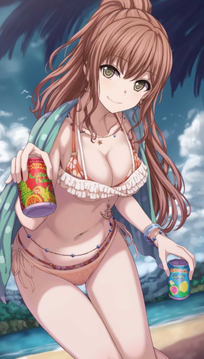 anchor bang_dream! beach beads belly_chain bikini bracelet breasts brown_hair can cleavage cloud collarbone commentary_request cowboy_shot day drink_can dutch_angle earrings female floral_print frilled_bikini frills giving grey_eyes half_updo halterneck highres holding holding_can imai_lisa incoming_drink jewelry large_breasts layered_bikini leaning_forward long_hair looking_at_viewer narafume navel necklace orange_bikini outdoors pendant protected_link side-tie_bikini_bottom smile soda_can solo standing stomach string_bikini swimsuit swimsuit_under_swimsuit thigh_gap thighs towel towel_around_neck water