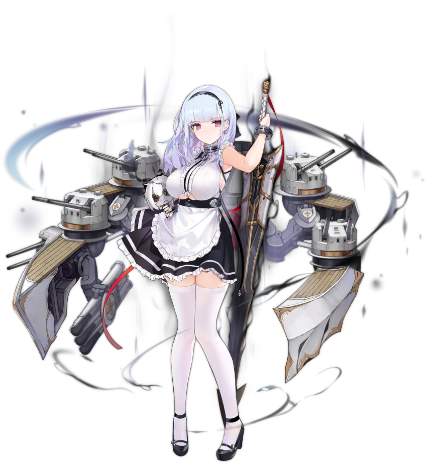 anchor_choker apron azur_lane breasts character_doll choker clothing_cutout dido_(azur_lane) doll earrings female frilled_choker frills full_body hairband highres jewelry kincora lace-trimmed_hairband lace_trim large_breasts long_hair looking_at_viewer maid maid_apron official_art purple_eyes red_ribbon ribbon rigging solo stuffed_toy sword thighhighs transparent_background underboob underboob_cutout waist_apron weapon white_apron white_hair