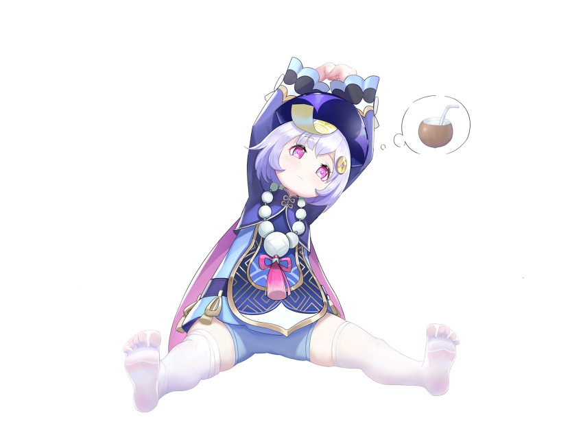 arms_up bad_id bad_pixiv_id bendy_straw blue_dress blue_shorts coconut commentary_request dress drinking_straw feet female fruit_cup full_body genshin_impact hair_ornament hat highres leaning_to_the_side long_sleeves no_shoes pantyhose purple_eyes purple_hair purple_hat qingdai_guanmao qiqi_(genshin_impact) short_shorts shorts simple_background sitting soles solo takanoriha_kasui talisman thought_bubble white_background white_pantyhose wide_sleeves