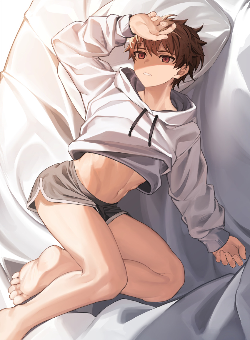 1boy absurdres bare_legs barefoot brown_hair commentary_request hands_on_own_head highres hood hoodie long_sleeves male_focus midriff_peek nayoshi_(r-744) original purple_eyes short_shorts shorts solo teenage teeth