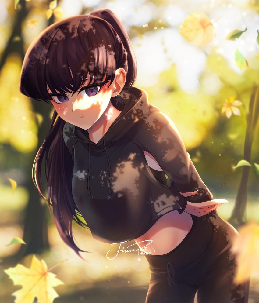 absurdres arms_behind_back black_hair female highres hood hoodie j_humbo komi-san_wa_komyushou_desu komi_shouko looking_at_viewer midriff navel outdoors pants ponytail purple_eyes solo sweatpants