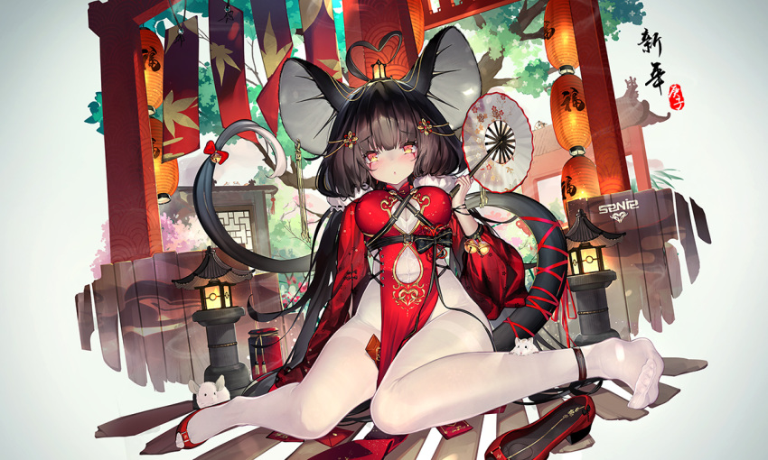 animal_ears black_hair bodystocking breasts chinese_commentary chinese_zodiac commentary cross-laced_clothes dk.senie facial_mark female lantern long_hair looking_at_viewer medium_breasts mouse_(animal) mouse_ears mouse_tail nengajou new_year original pelvic_curtain photoshop_(medium) red_eyes shoes sideless_outfit sitting solo tail twintails unworn_shoes white_legwear year_of_the_rat