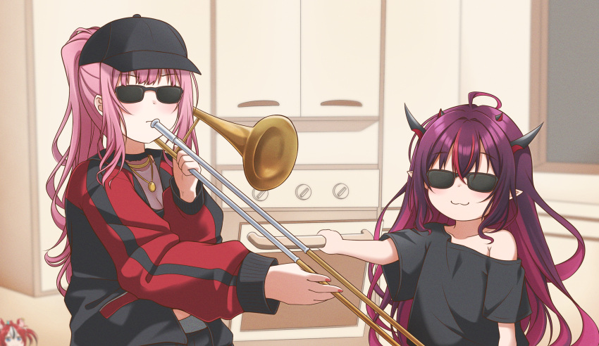 2girls :3 absurdres aged_down baseball_cap commentary english_commentary hakos_baelz hat highres hololive hololive_english horns instrument irys_(hololive) jan_azure long_hair meme mori_calliope mori_calliope_(streetwear) multiple_girls pink_hair pointy_ears ponytail purple_hair red_hair sunglasses trombone upper_body very_long_hair virtual_youtuber when_mama_isn't_home_(meme) when_you_see_it