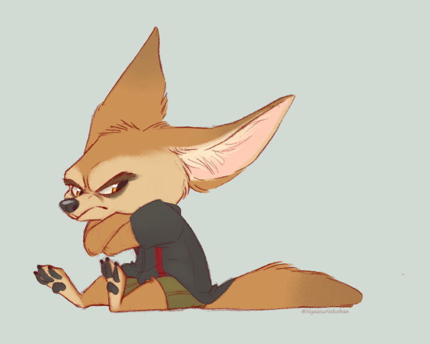 2019 anthro black_nose bottomwear brown_body brown_eyes brown_fur canid canine clothed clothing crossed_arms disney fennec_fox finnick_(zootopia) fox fully_clothed fur grumpy inner_ear_fluff male mammal nyaasu pawpads shirt shorts simple_background sitting solo tan_body tan_fur topwear true_fox tuft zootopia