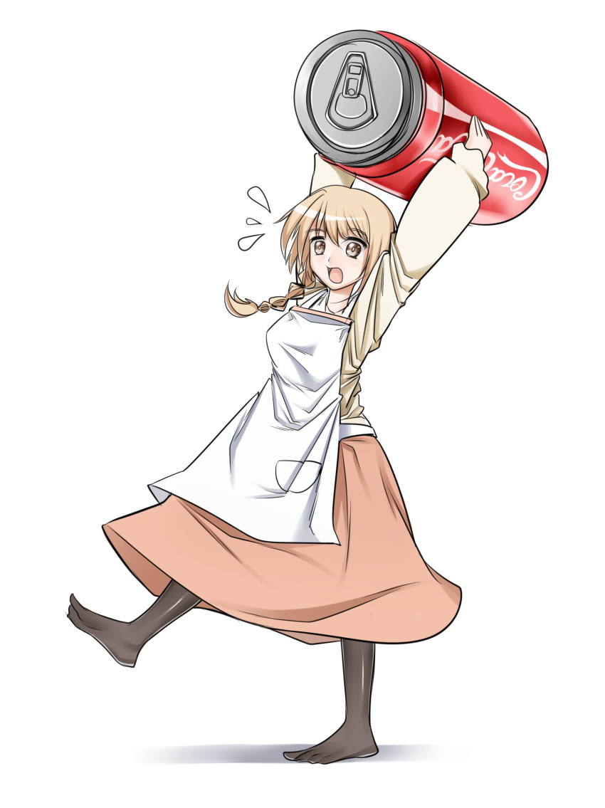 100_percent_orange_juice apron black_legwear braid brown_eyes can coca-cola drink_can examon_(sigemaultraexa) female flying_red_barrel flying_sweatdrops full_body highres holding holding_can leg_up light_brown_hair marc_(orange_juice) no_shoes open_mouth orange_skirt oversized_object pocket shirt short_hair simple_background skirt soda_can solo toes white_background yellow_shirt