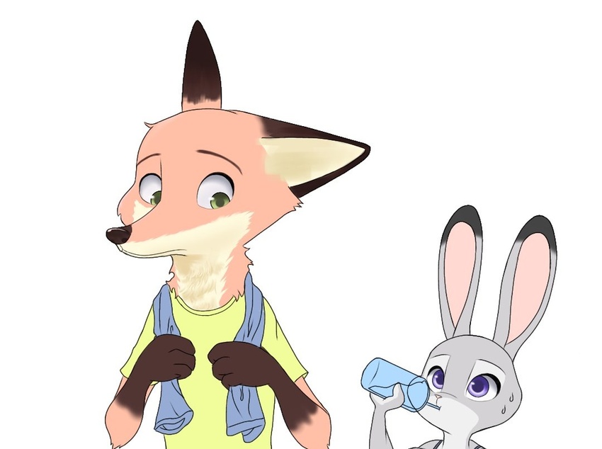 2020 anthro beverage bodily_fluids canid canine cheek_tuft clothed clothing dipstick_ears disney drinking duo ear_markings facial_tuft fox fur gloves_(marking) green_eyes grey_body grey_fur holding_beverage holding_object judy_hopps lagomorph leporid mammal markings multicolored_ears neck_tuft nick_wilde orange_body orange_fur rabbit red_fox shirt simple_background sweat sweatdrop swetpot t-shirt topwear towel true_fox tuft unavailable_at_source unfinished water white_background zootopia