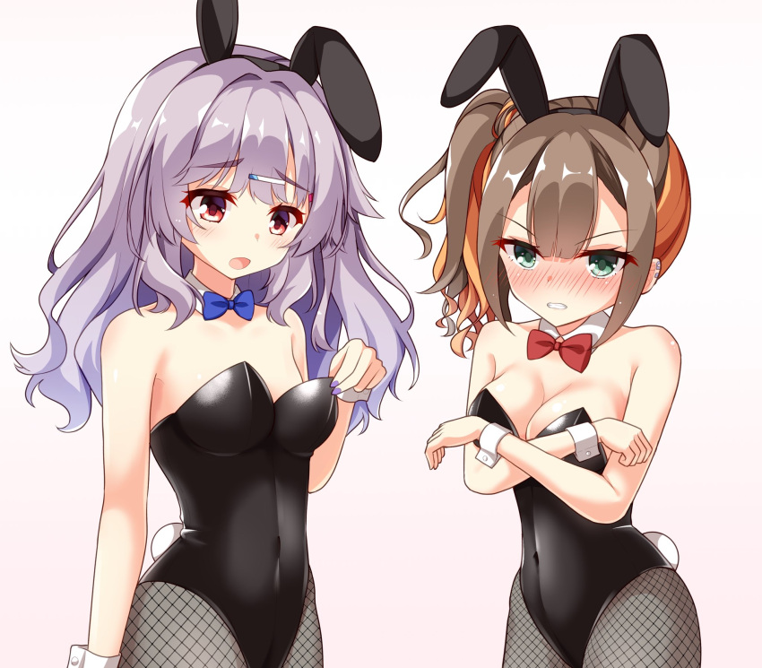 2girls alternate_costume animal_ears bare_shoulders black_leotard blue_bow blue_bowtie blunt_bangs blush bow bowtie breast_conscious breasts brown_hair clenched_teeth collar commentary_request covered_navel covering_breasts covering_privates cowboy_shot crossed_arms curvy detached_collar ear_piercing embarrassed eyelashes fake_animal_ears fake_tail fishnet_pantyhose fishnets furrowed_brow green_eyes grey_hair hair_between_eyes hair_ornament hairclip highres kinoshita_kaede large_breasts leotard long_hair looking_at_breasts looking_at_viewer multicolored_hair multiple_girls nail_polish nose_blush open_mouth orange_hair pantyhose piercing playboy_bunny purple_nails rabbit_ears rabbit_tail red_bow red_bowtie red_eyes sesen2000 shiraishi_chika side_ponytail simple_background small_breasts standing straight-on streaked_hair tail teeth tenshi_souzou_re-boot! v-shaped_eyebrows wavy_hair white_background white_collar white_wrist_cuffs wrist_cuffs