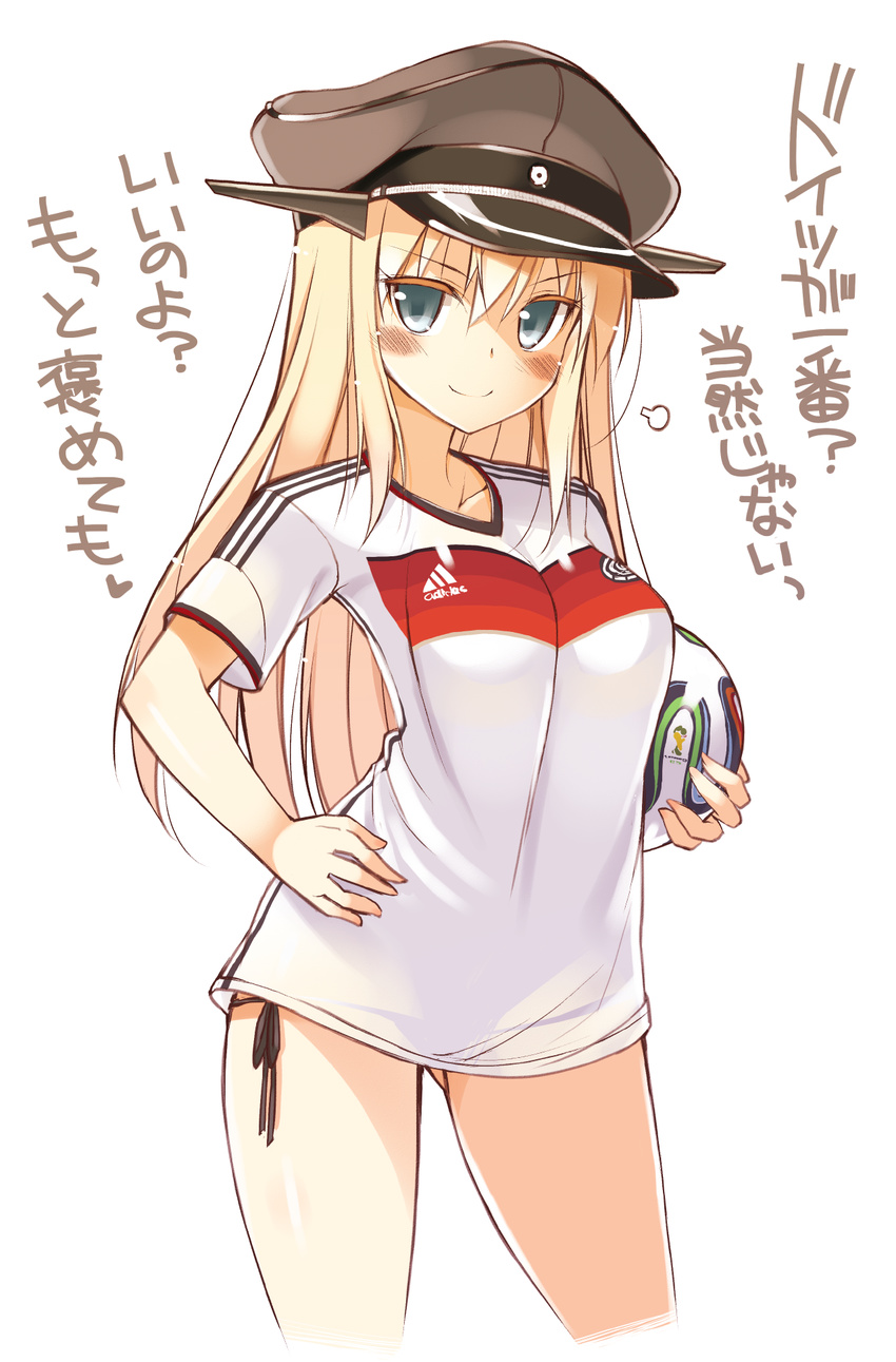 >:) 2014_fifa_world_cup adidas alternate_costume bad_anatomy ball bismarck_(kancolle) black_panties blonde_hair blue_eyes blush brazuca breasts commentary_request female germany hand_on_own_hip hat highres kantai_collection long_hair looking_at_viewer medium_breasts military military_hat no_pants ohta_yuichi panties peaked_cap side-tie_panties side-tie_peek simple_background smile soccer soccer_ball soccer_uniform solo sportswear translated underwear v-shaped_eyebrows white_background world_cup