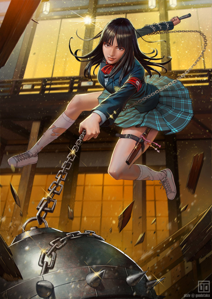 absurdres black_hair blazer christopher_robin_(artist) female flail goodotaku highres holding holding_weapon jacket kill_bill lips long_hair long_sleeves photoshop_(medium) plaid plaid_skirt pleated_skirt red_eyes school_uniform signature skirt smile solo source_request spikes torn_clothes torn_socks weapon yuubari_gogo