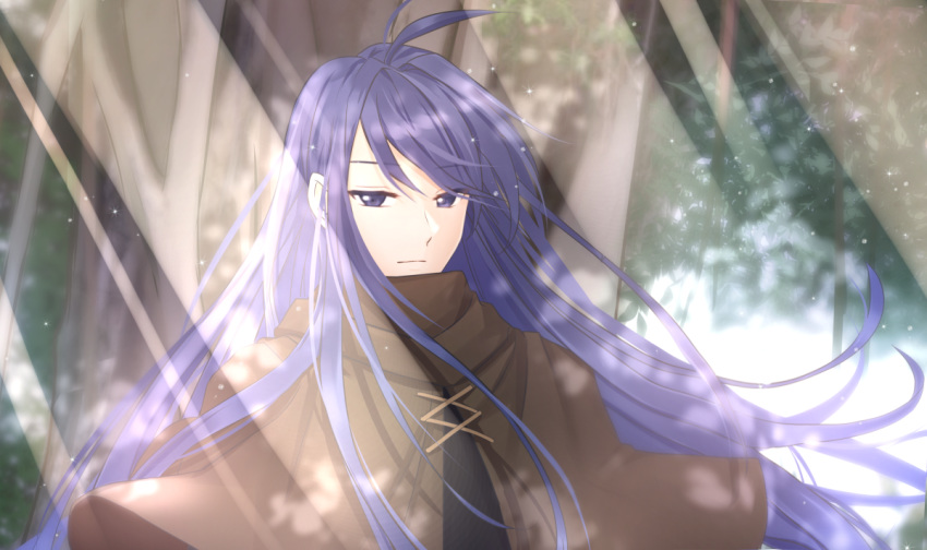 1boy ahoge bad_id bad_pixiv_id character_request closed_mouth light_rays long_hair looking_at_viewer male_focus outdoors purple_eyes purple_hair saltycaramel solo tales_weaver upper_body