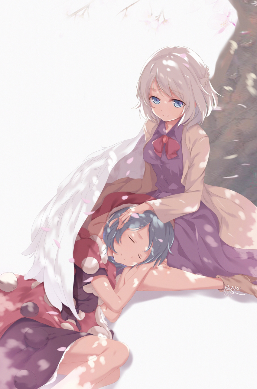 2girls absurdres bad_id bad_pixiv_id blue_eyes blue_hair bow braid brown_footwear closed_eyes coat doremy_sweet dress french_braid half_updo highres ke-ta_(style) kishin_sagume lap_pillow looking_at_viewer multiple_girls muyue photoshop_(medium) pom_pom_(clothes) purple_dress red_bow short_hair sleeping smile touhou tree white_hair yuri