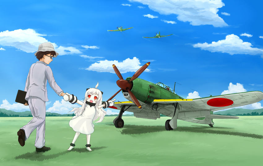 1boy :d a7m_reppuu abyssal_ship age_difference ahoge aircraft airplane barefoot black_eyes black_hair blue_sky brown_footwear closed_mouth cloud colored_skin commentary_request crossover day dress female field full_body grass hat height_difference highres horikoshi_jirou horns kantai_collection kaze_tachinu long_hair long_sleeves looking_at_another mittens mob_cap no_shoes northern_ocean_princess open_mouth outdoors pantyhose pointing red_eyes roundel shoe_soles shoes sky smile vehicle_focus white_dress white_hair white_pantyhose white_skin yakuto007