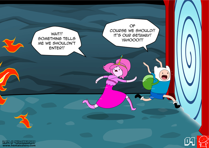 absurd_res adventure_time bodily_fluids boots cartoon_network cave clothing crown door dress english_text finn_the_human fire footwear headgear hi_res human humanoid mammal not_furry open_mouth pink_clothing pink_dress princess_bubblegum royalty running scared shoes sweat sweater text topwear vortex wiggly_arms witchking00