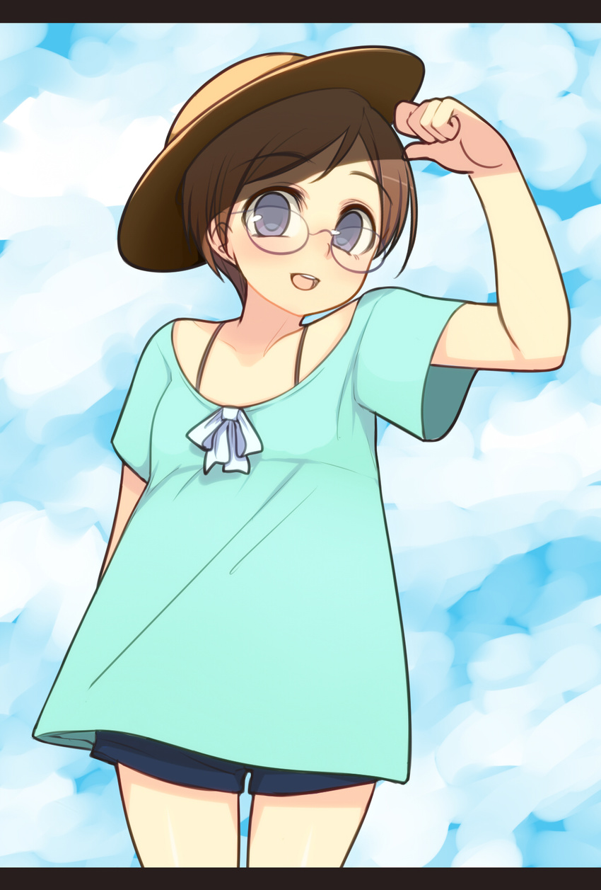 blue_eyes brown_hair commentary_request female glasses hat highres original oza_watto short_hair shorts sky smile solo