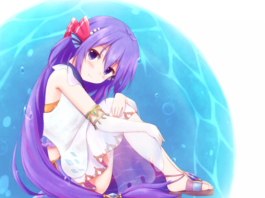 armlet bubble commentary_request dress female from_side grimms_notes highres knees_to_chest little_mermaid_(grimms_notes) long_hair natsu_(927013) purple_eyes purple_hair sandals sitting smile solo water white_dress