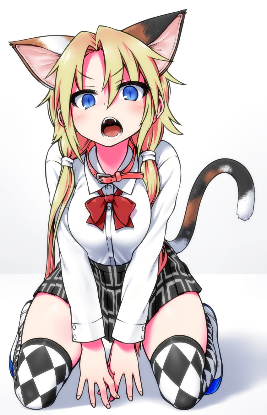 animal_ears argyle_clothes argyle_legwear blonde_hair blue_eyes cat_ears cat_tail collar commentary_request fangs female frown highres himekawa_hinari kneeling long_hair looking_at_viewer low_twintails open_mouth original pleated_skirt seiza simple_background sitting skindentation skirt slit_pupils solo tail thighhighs tsurime twintails v_arms white_background wide_hips yoshida_hideyuki